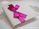 white hardcover greeting card with fuchsia bow