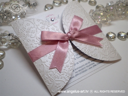 bijelo roza pozivnica za vjenčanje s mašnom i cirkonom